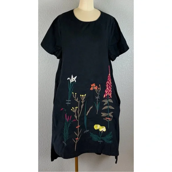 Black Floral Embroidered Tunic Oversized Midi Dress Cotton Linen‎ Lagonlook XL - Picture 5 of 14